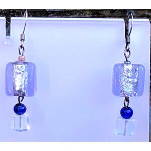 Handmade Light Purple Lilac Foiled Art Glass Bead Earrings on Sterling Silver Fi
